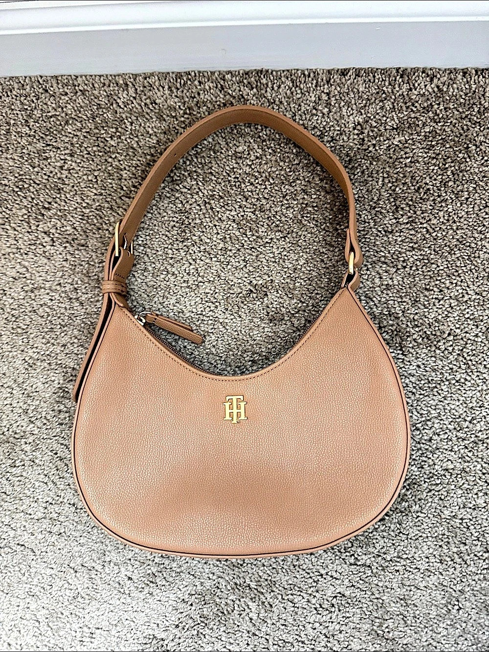 Tommy Hilfiger TH Monogram Plaque Crossbody Hobo Bag Brown